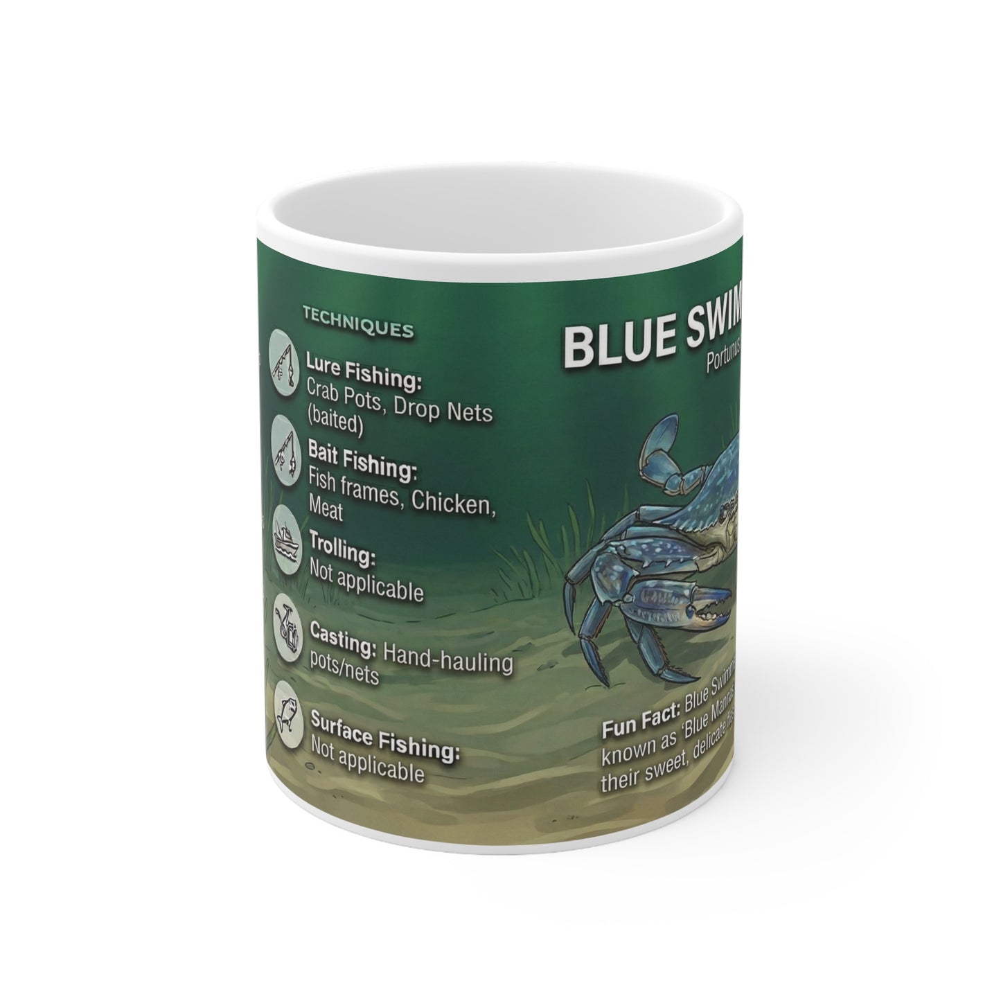 Blue Swimmer Crab Ceramic Mug — Marine Life Facts & Fishing Techniques, 11oz