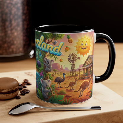Queensland beach scene Coffee Mug , Colorful coastal wildlife surf van design