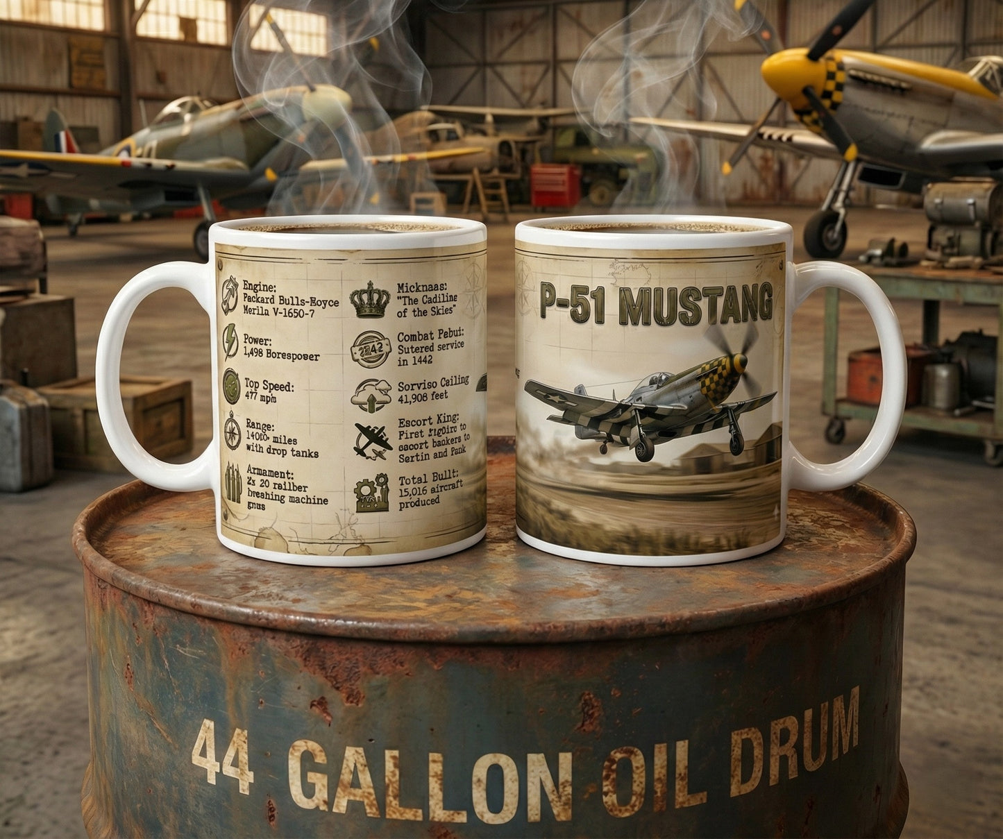 P-51 Mustang Specs Ceramic Coffee Mug, WW2 Fighter Plane Coffee Cup