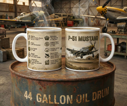 P-51 Mustang Specs Ceramic Coffee Mug, WW2 Fighter Plane Coffee Cup