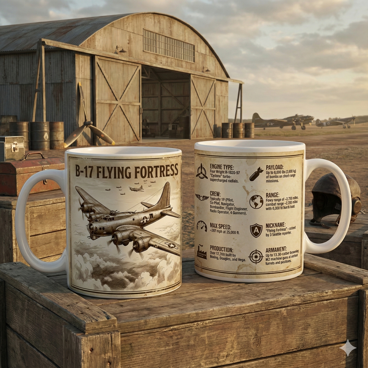 B-17 Flying Fortress Vintage Specs Mug, WWII Bomber Illustration & Fact Sheet