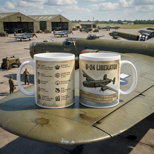 B-24 Liberator Vintage Bomber Facts Coffee Mug, WWII Airplane History 11oz Ceramic