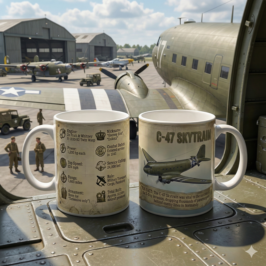 C-47 Skytrain Specs Coffee Mug — Vintage WWII Military Aircraft Facts