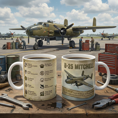 B-25 Mitchell Bomber Facts Coffee Mug, Vintage WWII Aircraft Coffee Cup