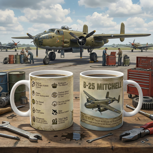 B-25 Mitchell Bomber Facts Coffee Mug, Vintage WWII Aircraft Coffee Cup