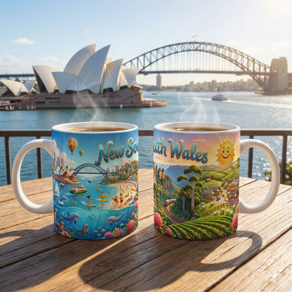 New South Wales coastal illustration Coffee Mug, Sydney Harbour, beach wildlife, colourful accent mug