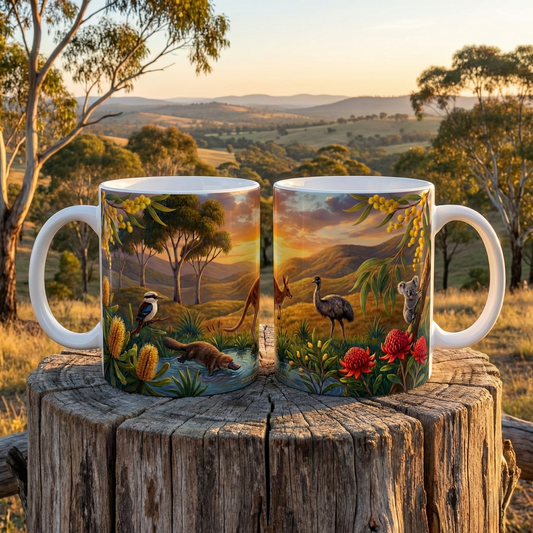 Australian Wildlife Sunset Coffee Mug | Kangaroo, Kookaburra, Wombat Scenic Art
