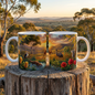 Australian Wildlife Sunset Coffee Mug | Kangaroo, Kookaburra, Wombat Scenic Art