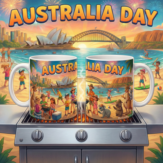 Australia Day BBQ Scene Coffee Mug, Sydney Opera House Harbour Illustration