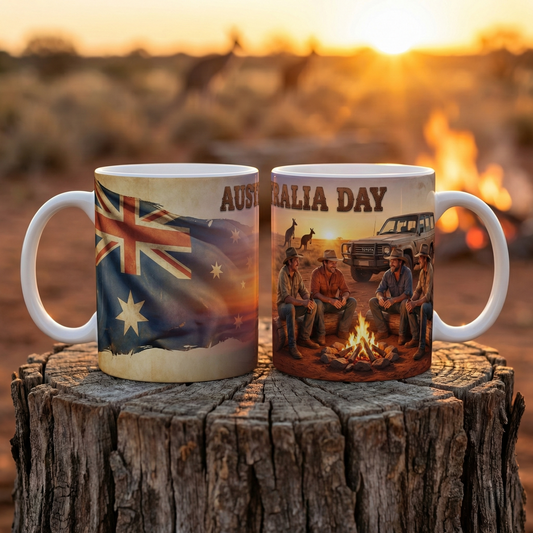 Australia Day Ceramic Coffee Mug — Aussie Flag & Outback Scene, 11oz