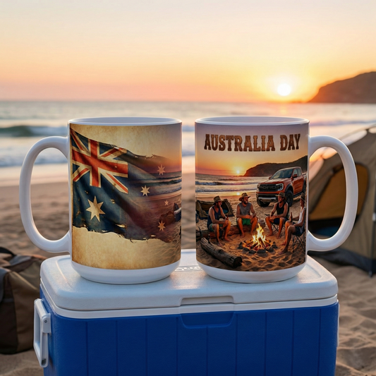 Australian Beach Scene Coffee Mug — Vintage Flag & Sunset Tea Cup