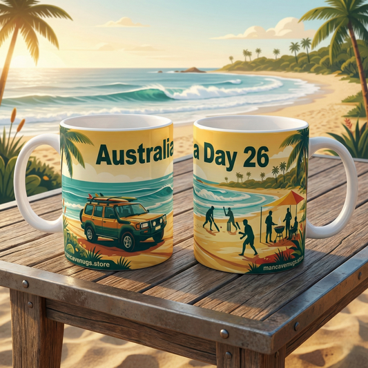 Australia Day Beach Coffee Mug – Surf, 4x4 & Lifesaver Scene