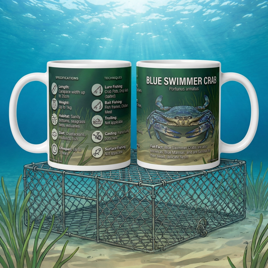 Blue Swimmer Crab Ceramic Mug — Marine Life Facts & Fishing Techniques, 11oz