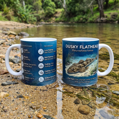 Dusky Flathead Fishing Mug — 11oz Ceramic Coffee Cup with Species Specs & Techniques