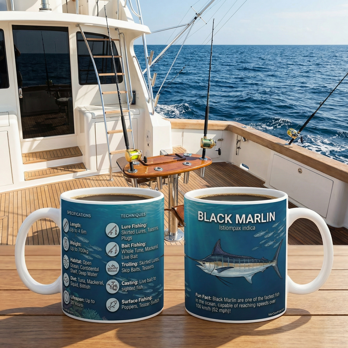 Black Marlin Fishing Mug — Ceramic 11oz Coffee Cup with Species Facts & Techniques