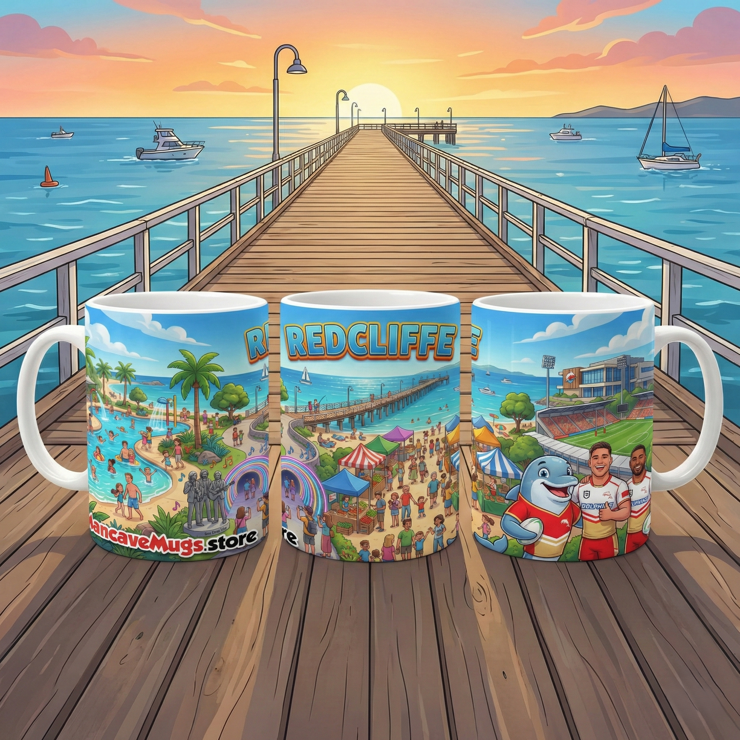 Redcliffe, Queensland Scene Accent Coffee Mug, Red — 11oz Colorful Coastal Coffee Cup