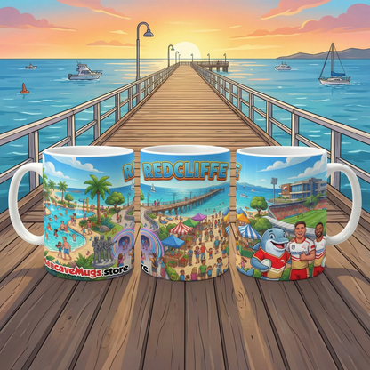 Redcliffe, Queensland Scene Accent Coffee Mug, Red — 11oz Colorful Coastal Coffee Cup