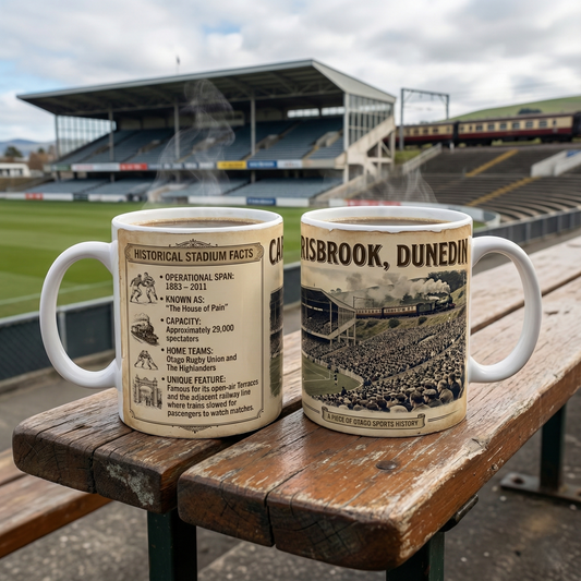 Carisbrook Stadium Vintage Facts Coffee Mug, Historical Sports Memorabilia Ceramic Mug
