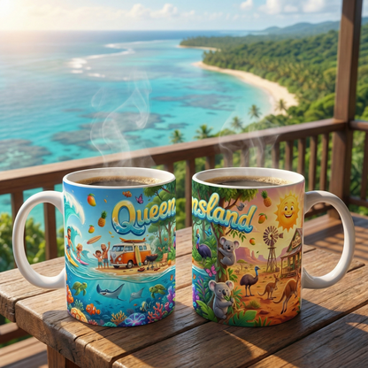 Queensland beach scene Coffee Mug , Colorful coastal wildlife surf van design