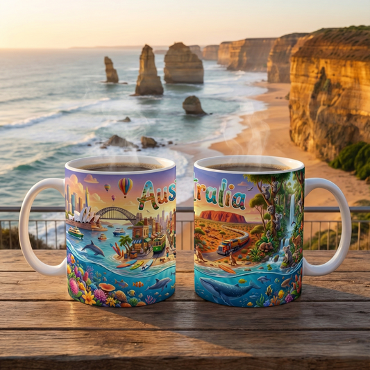Australia Illustrated Map Coffee Mug, Colorful Accent 11oz Ceramic
