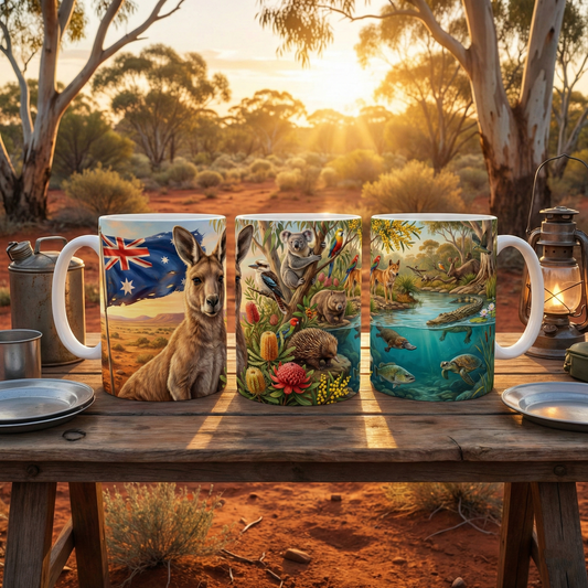 Australian Wildlife Ceramic Coffee Mug — Kangaroo, Koala & Native Flora 11oz