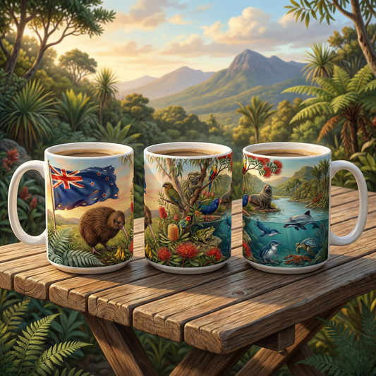 New Zealand Wildlife Ceramic Coffee Mug — Kiwi, Flag & Native Animals Scene (11oz)White Ceramic 11oz Mug