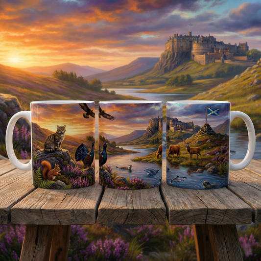 Scottish Highlands Wildlife Coffee Mug — Cat, Red Squirrel & Grouse Scenic Ceramic Coffee Cup