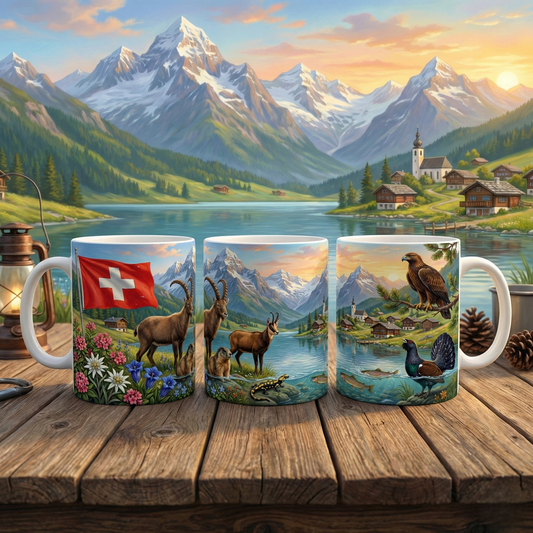Swiss Alpine Wildlife Scenic Coffee Mug — Swiss Flag, Ibex & Mountain Lake 11oz Ceramic