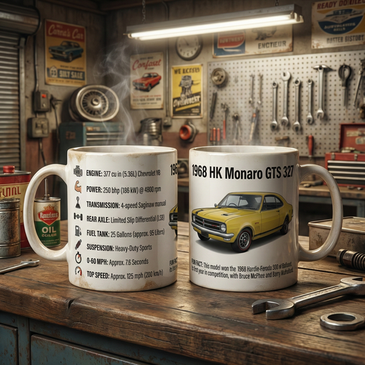 1968 HK Monaro Specs Coffee Mug — Classic Muscle Car Illustration & Fun Facts