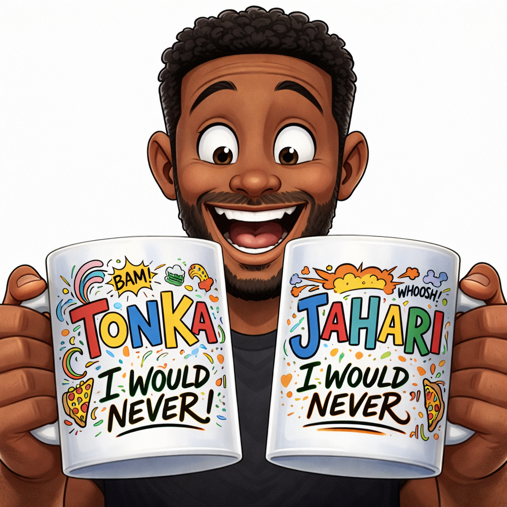 Mug — "Stonkajah: I Would Never" Colorful Comic Pizza Coffee Cup