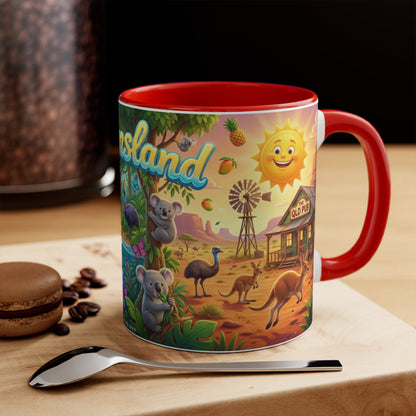 Queensland beach scene Coffee Mug , Colorful coastal wildlife surf van design