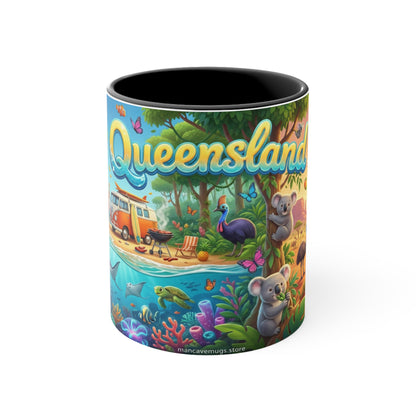 Queensland beach scene Coffee Mug , Colorful coastal wildlife surf van design