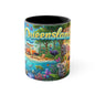 Queensland beach scene Coffee Mug , Colorful coastal wildlife surf van design