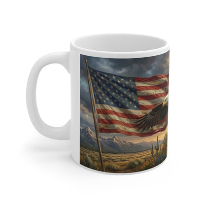 American Flag Bald Eagle Ceramic Coffee Mug — Patriotic 11oz Coffee Cup