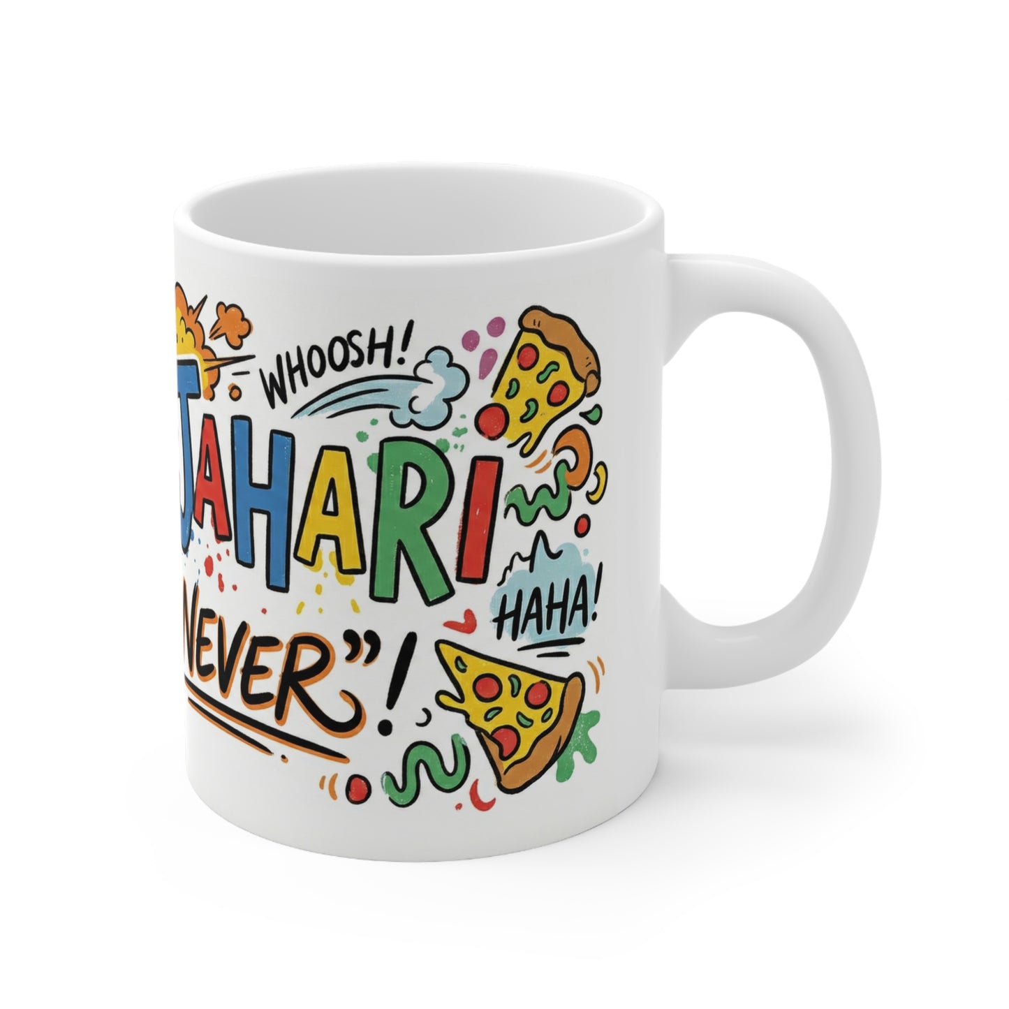 Mug — "Stonkajah: I Would Never" Colorful Comic Pizza Coffee Cup
