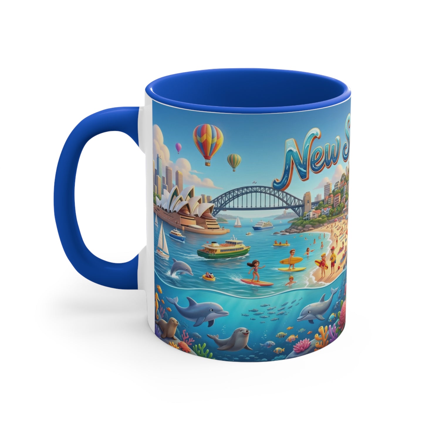 New South Wales coastal illustration Coffee Mug, Sydney Harbour, beach wildlife, colourful accent mug