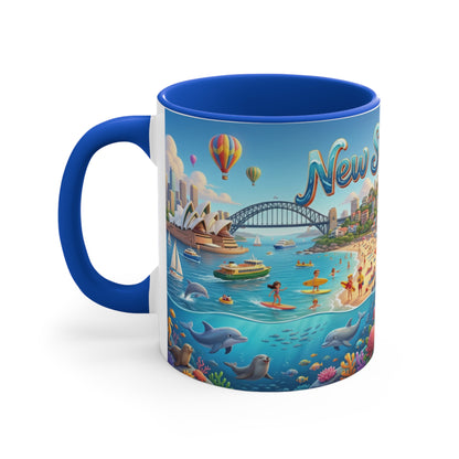 New South Wales coastal illustration Coffee Mug, Sydney Harbour, beach wildlife, colourful accent mug