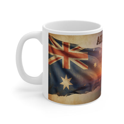 Australia Day Ceramic Coffee Mug — Aussie Flag & Outback Scene, 11oz
