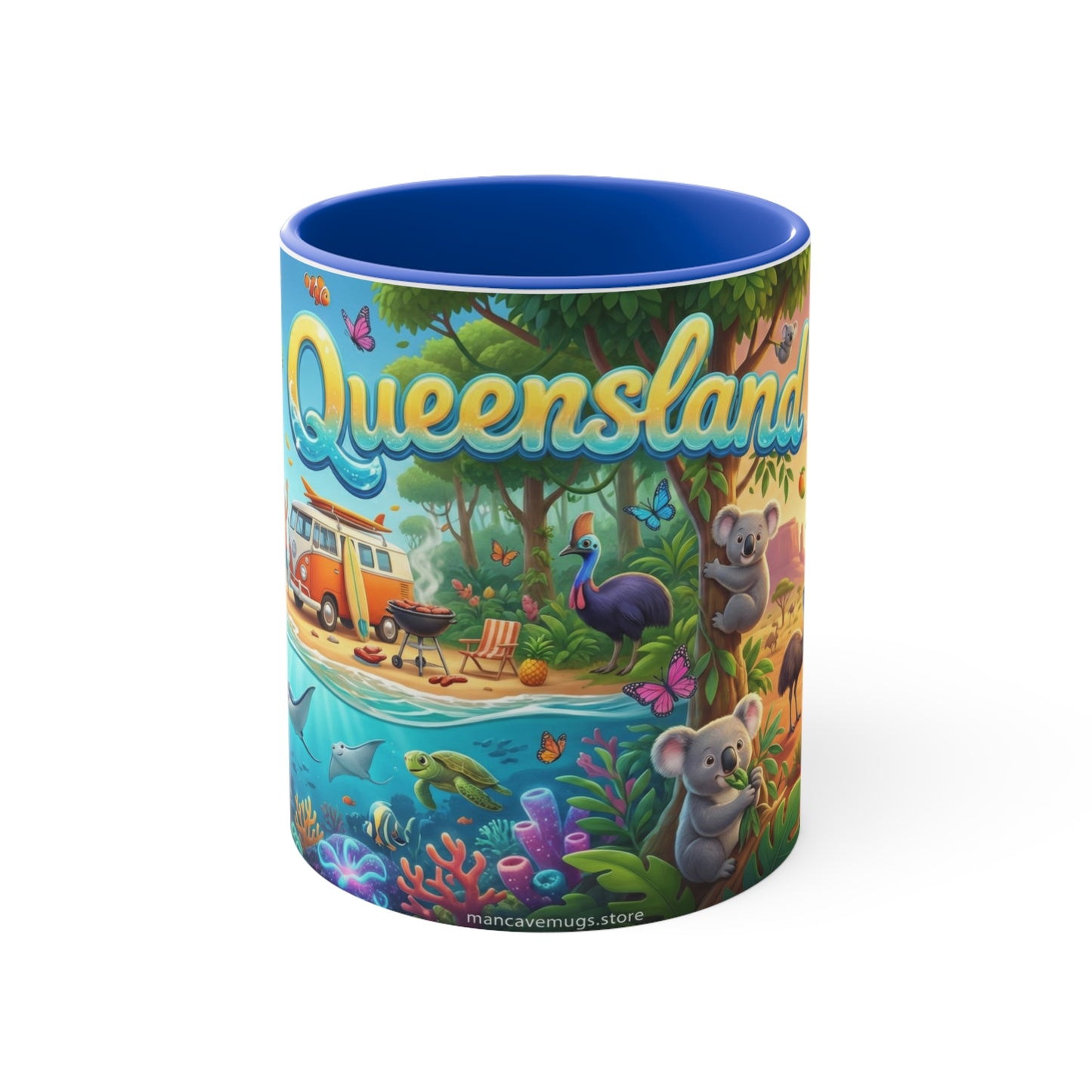 Queensland beach scene Coffee Mug , Colorful coastal wildlife surf van design