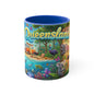Queensland beach scene Coffee Mug , Colorful coastal wildlife surf van design