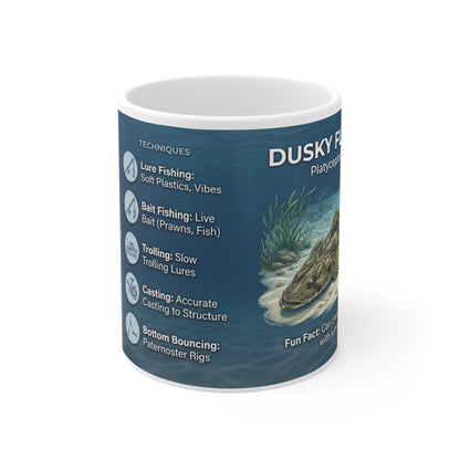 Dusky Flathead Fishing Mug — 11oz Ceramic Coffee Cup with Species Specs & Techniques