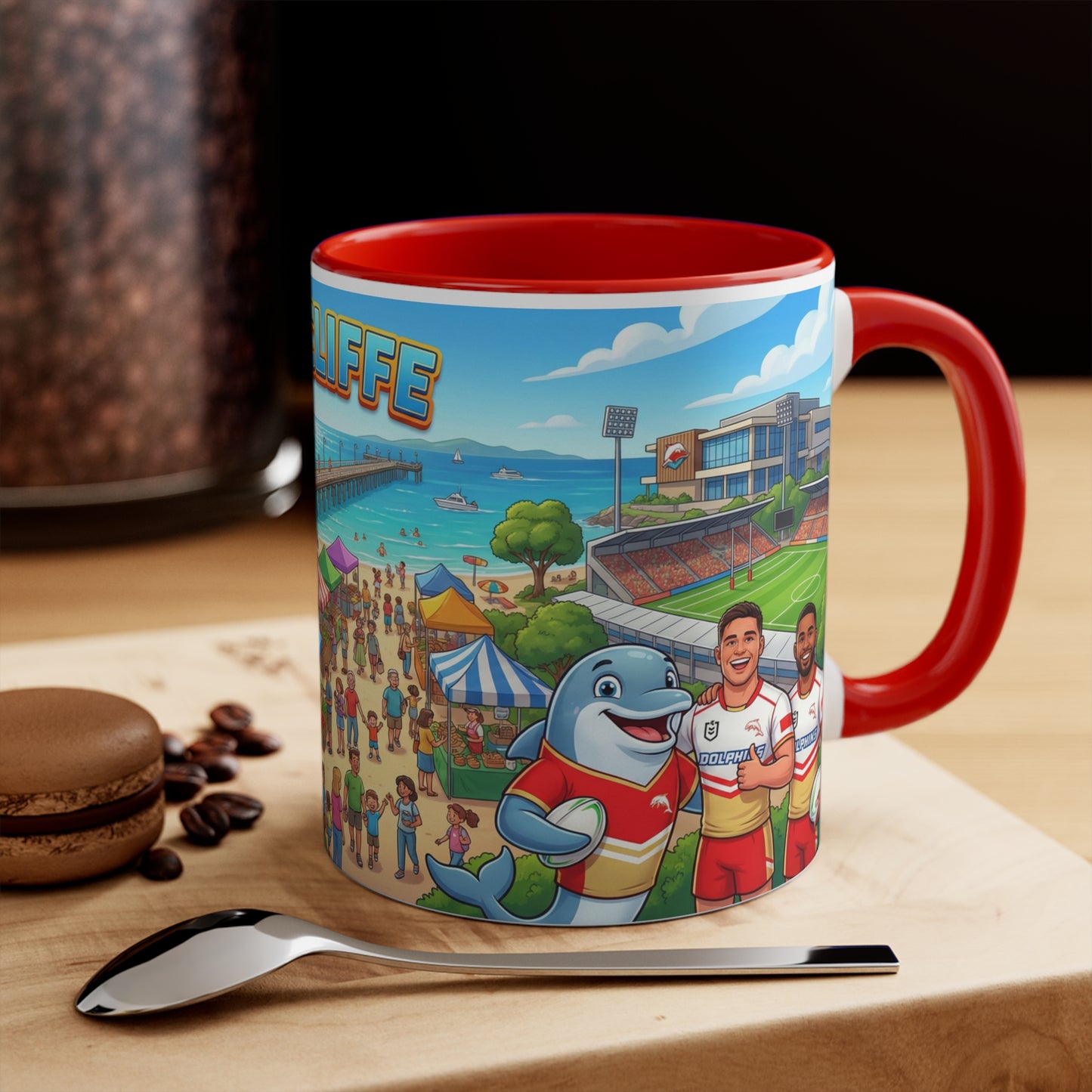 Redcliffe, Queensland Scene Accent Coffee Mug, Red — 11oz Colorful Coastal Coffee Cup