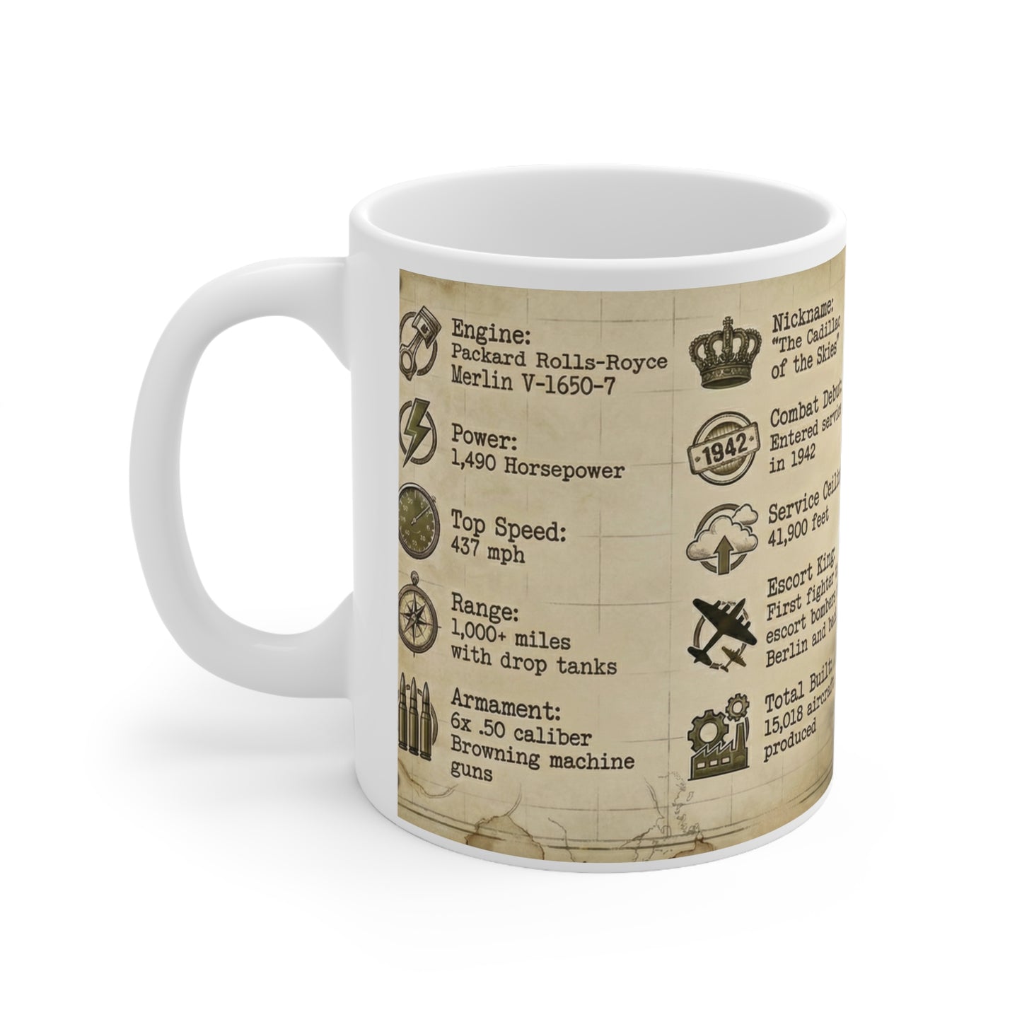 P-51 Mustang Specs Ceramic Coffee Mug, WW2 Fighter Plane Coffee Cup