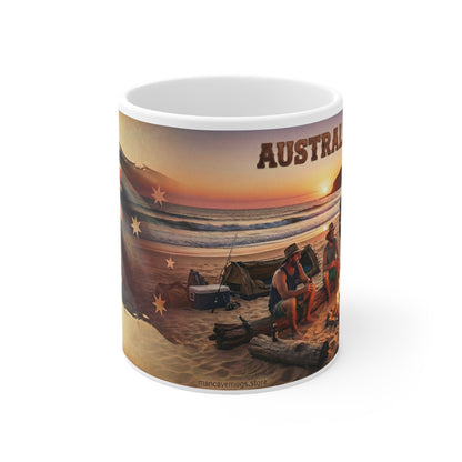 Australian Beach Scene Coffee Mug — Vintage Flag & Sunset Tea Cup