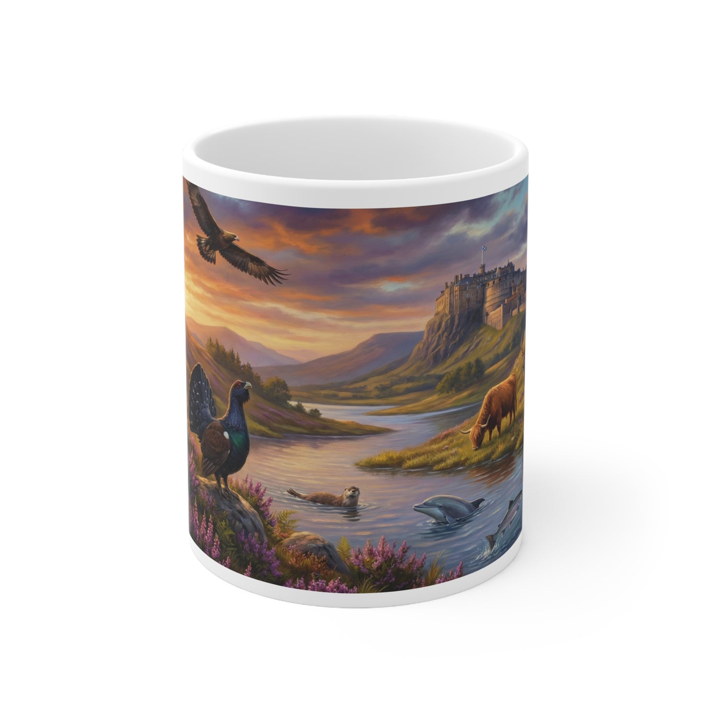 Scottish Highlands Wildlife Coffee Mug — Cat, Red Squirrel & Grouse Scenic Ceramic Coffee Cup