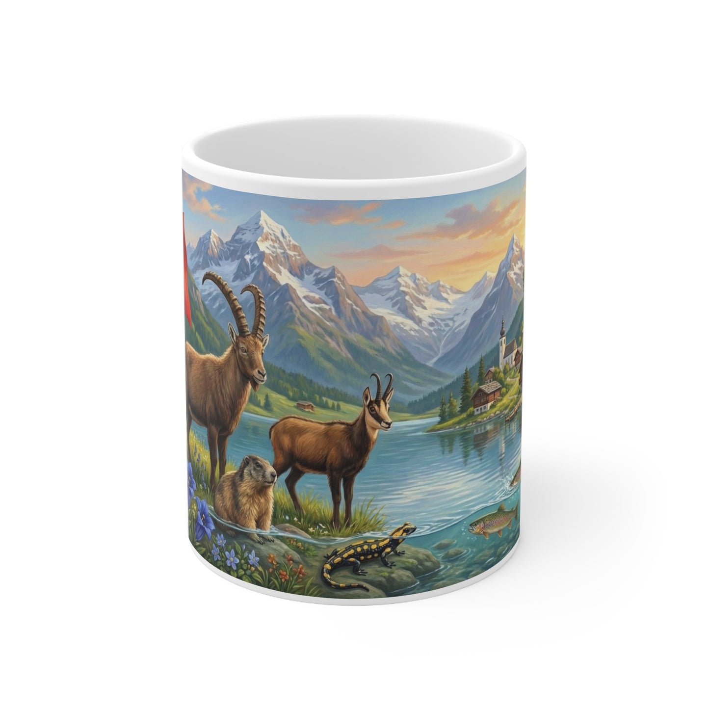 Swiss Alpine Wildlife Scenic Coffee Mug — Swiss Flag, Ibex & Mountain Lake 11oz Ceramic