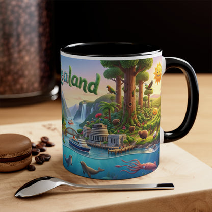 New Zealand Scenic Map Coffee Mug,  Color Accent 11oz