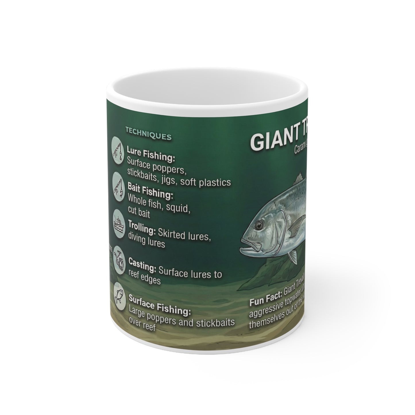 Giant Trevally Fishing Mug — Illustrated Fish ID & Techniques, 11oz Ceramic