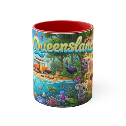 Queensland beach scene Coffee Mug , Colorful coastal wildlife surf van design