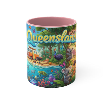 Queensland beach scene Coffee Mug , Colorful coastal wildlife surf van design